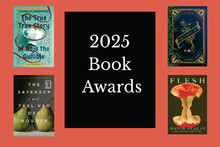 Four of the books that won prizes in 2025 surround text that reads 2025 Book Awards