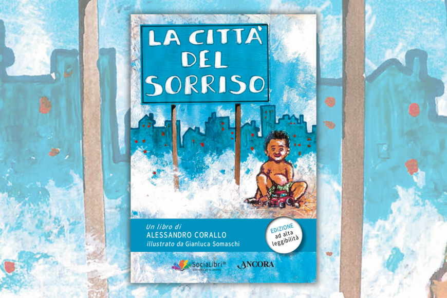 The book cover of La citta del sorriso which has a blue painted city and a child sitting on the ground. 