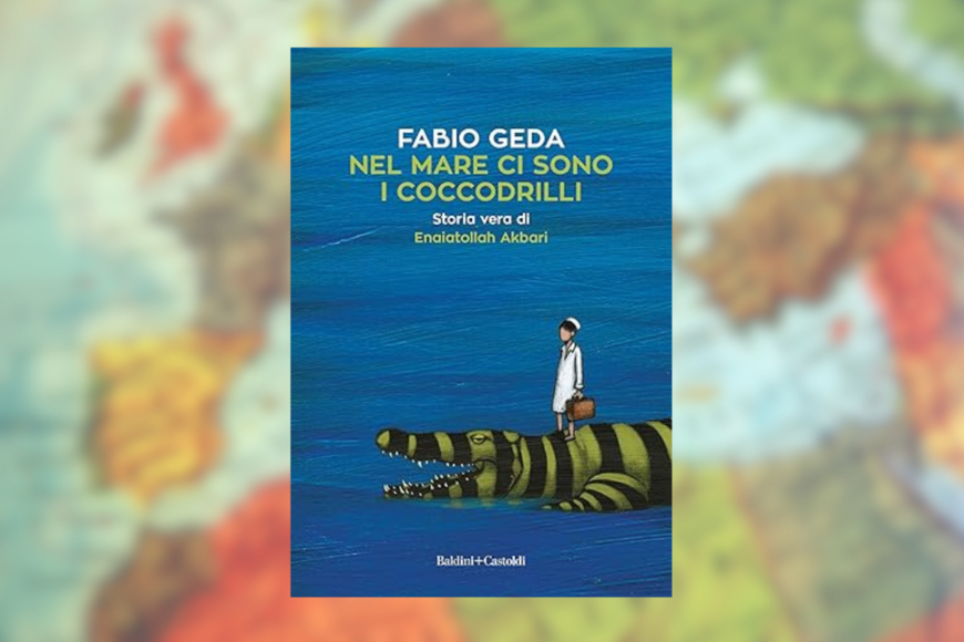 Cover showing a boy in traditional Afghan dress carrying a brief case standing atop a large striped crocodile.