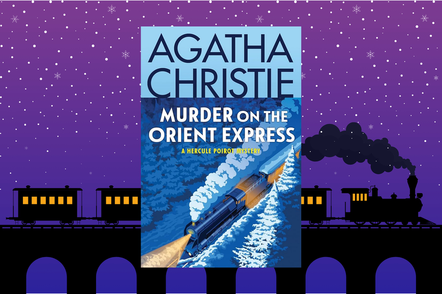 Book cover shows the title and name of the author, as well as a blue train traveling through a dark, snowy forest. Behind the book, the silhouette of a train crossing a bridge is set against a purple background with snow falling around it.