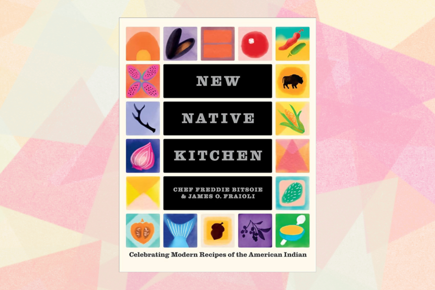 The image of the New Native Kitchen Cookbook with a colorful pastel background