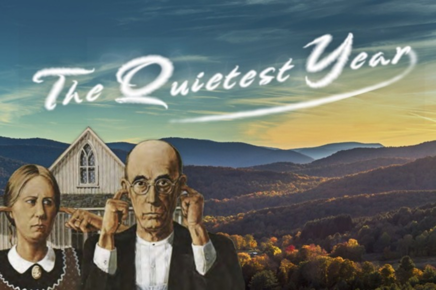 A reimagining of the painting American Gothic shows the man and woman covering their ears with the Green Mountains of Vermont behind them. Text says: 