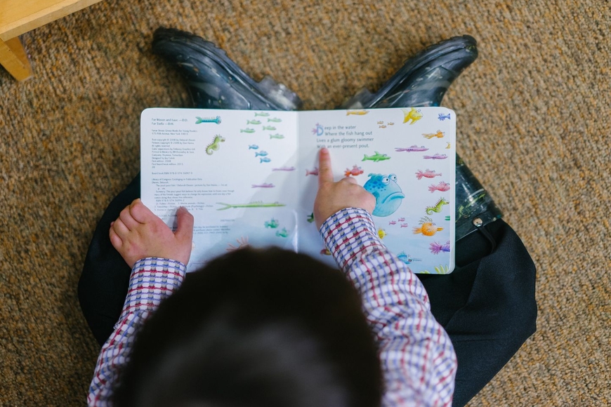 toddler pointing at page in book