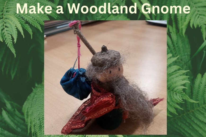 Wooden peg doll with acorn cap and gunnysack